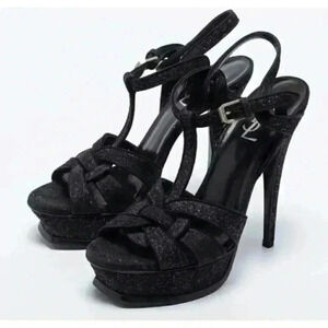 YSL Saint Laurent Women's Tribute Sandal Black‎ Sparkling Size 39